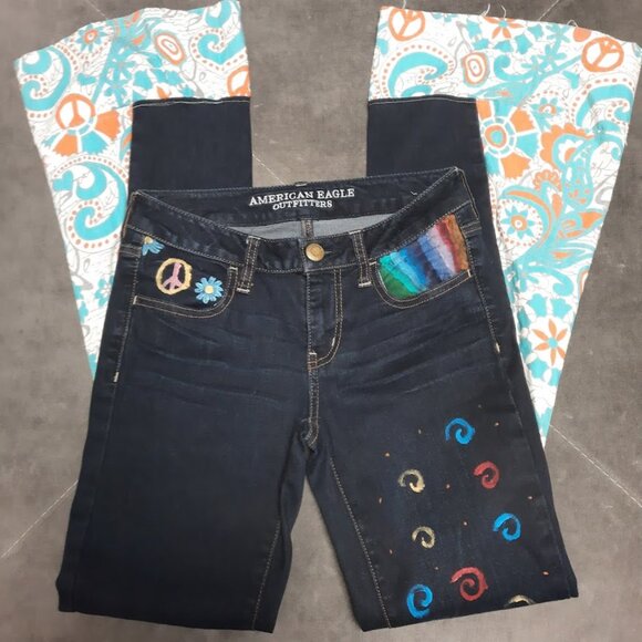 Handpainted One of a Kind American Eagle Bell Bottom Jeggings Sz 4 - Picture 4 of 7